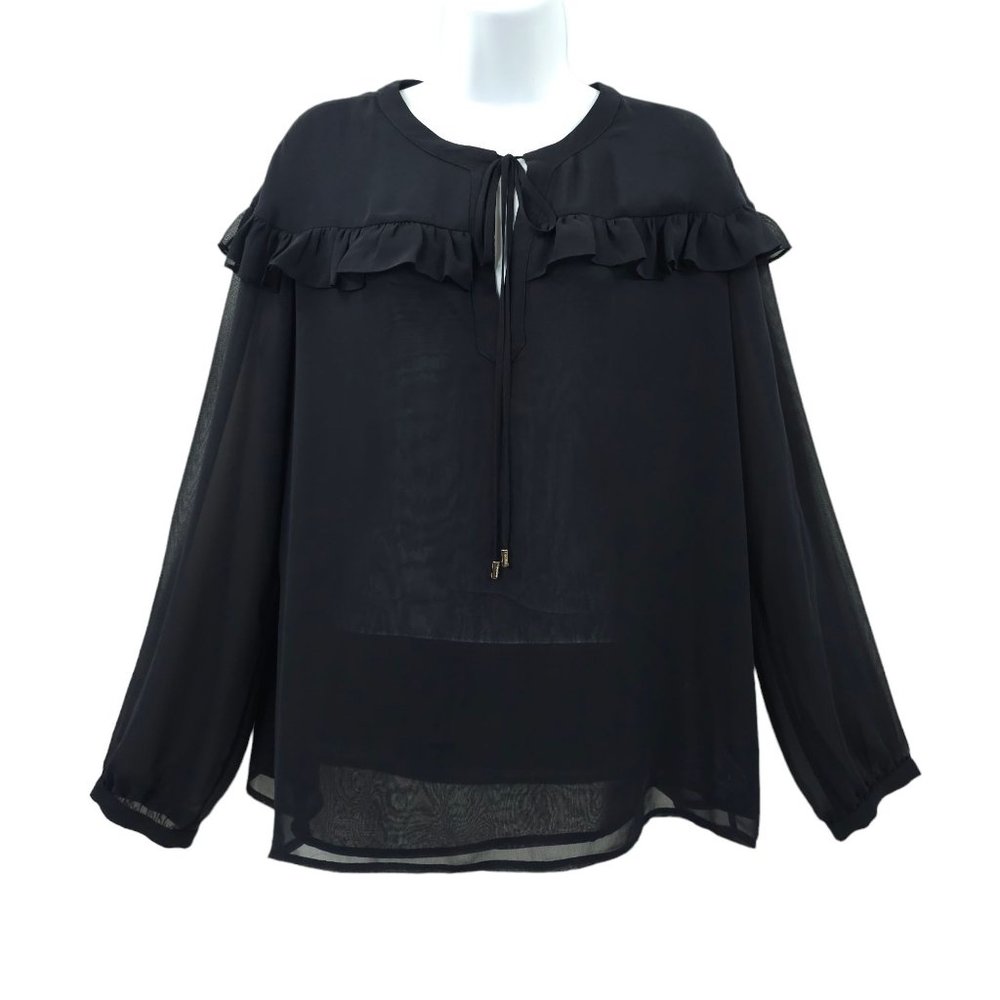 Calvin Klein Blouse Flowy Semi-sheer Size L Navy Blue NWT Ruffle Pullover Top